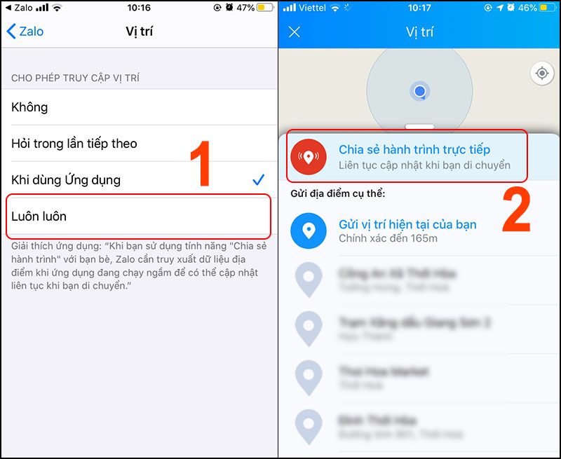 Chọn Luôn luôn > Chọn Chia sẻ hành trình trực tiếp.